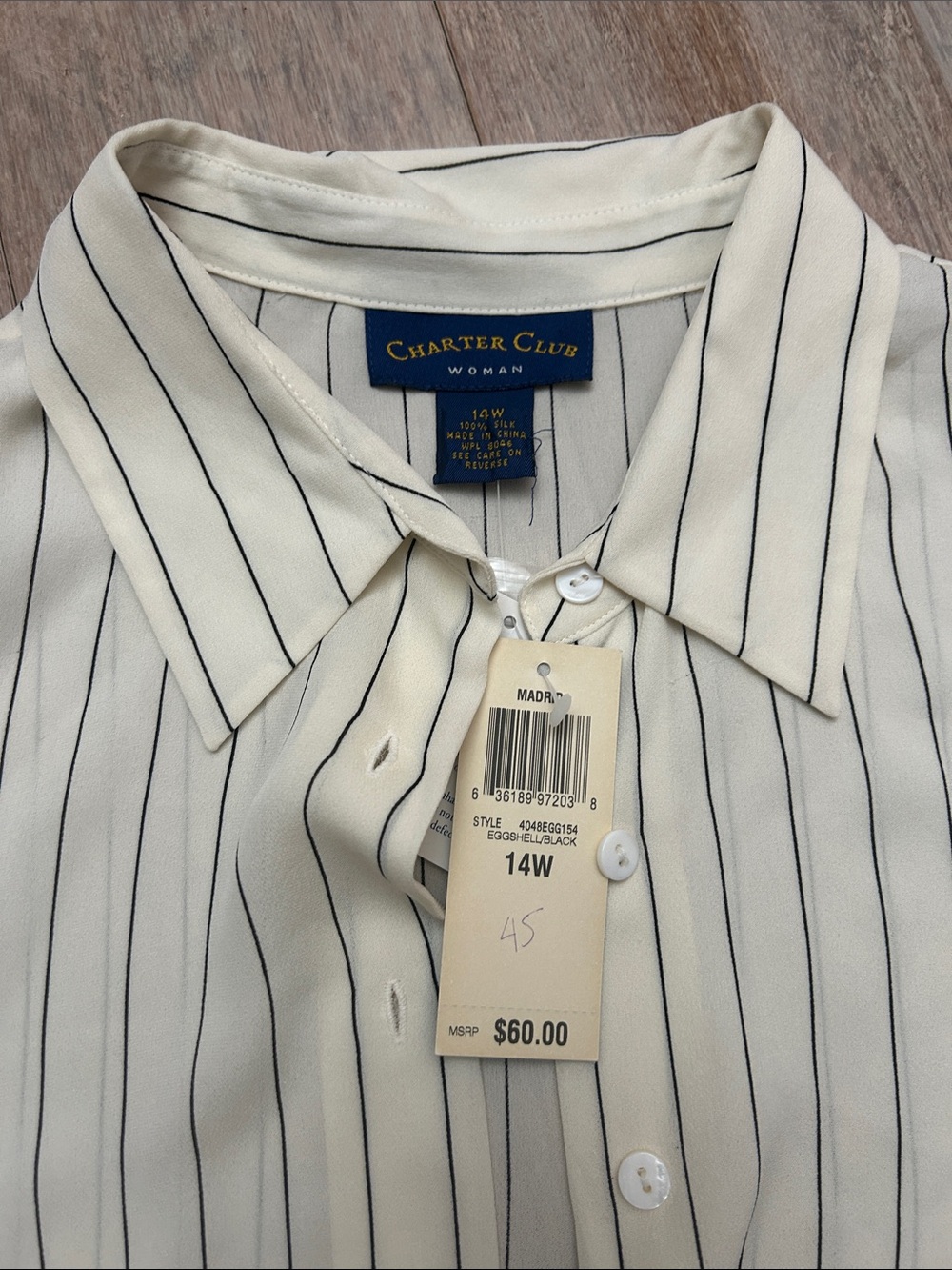 Charter Club Silk Cream Button-Down Shirt with black Pinstripes size 14 W - Picture 5 of 15
